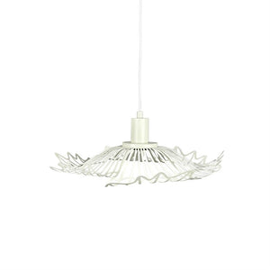 A white metal pendant lamp hangs from a thin wire; its screen consists of undulating, ribbed slats that form a flat, irregular shape against a uniform white background.