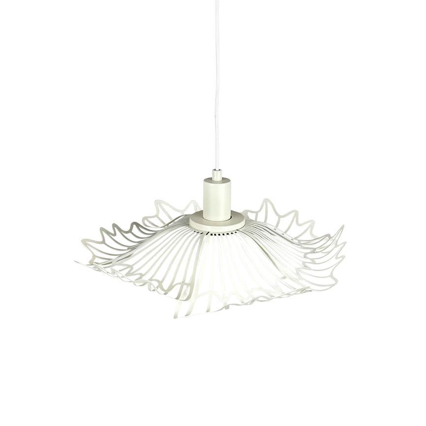 Ceiling lamp hangs from a thin wire; the screen consists of undulating, ribbed plastic strips forming a flower-like shape; neutral white color on uniform white background.