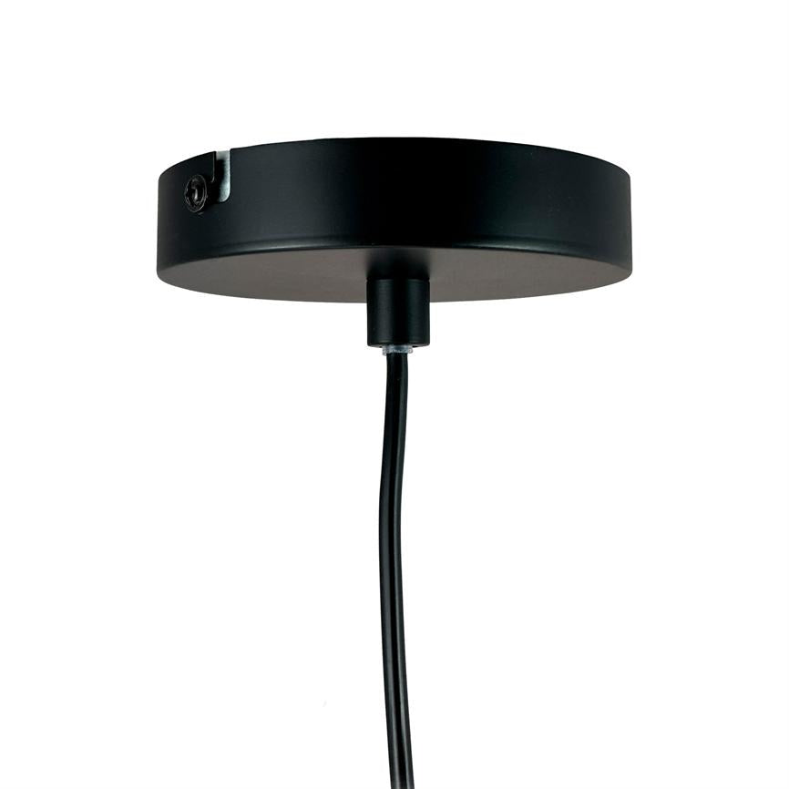 Black, round ceiling rose mounted in the ceiling; a black cable is run vertically down against a uniform white background.