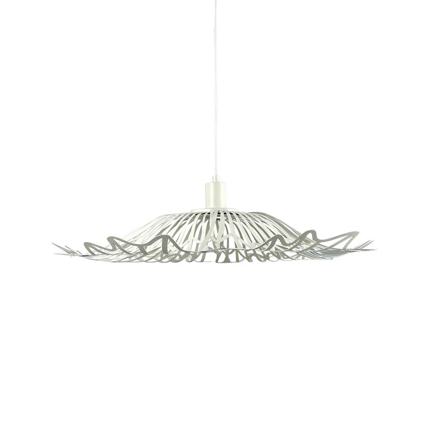 A white metal pendant lamp hangs from a thin cord, with wavy, rib-shaped slats forming a flat, floral shade — simple, modern against a white background.