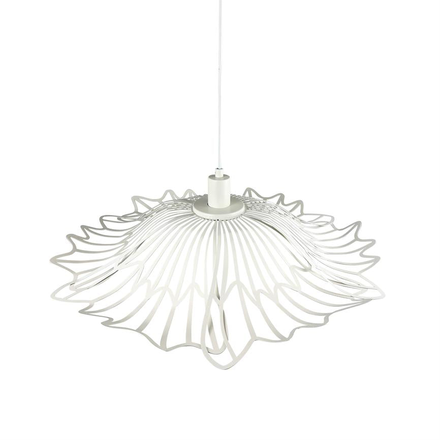 A white, wavy pendant lamp suspended by a cord; metal slats form a flower-like screen, open outwards against a neutral, white studio background.