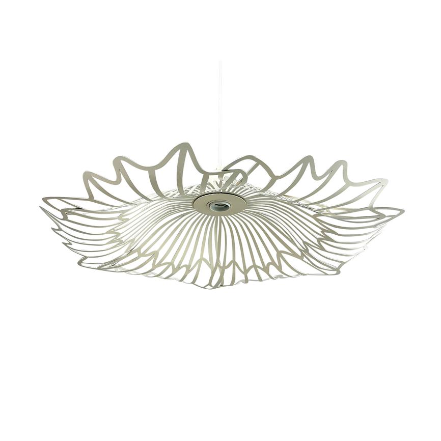 A white, wavy metal pendant hangs centrally, casting a floral, radial ribbed pattern with wavy edges against a light, neutral background.