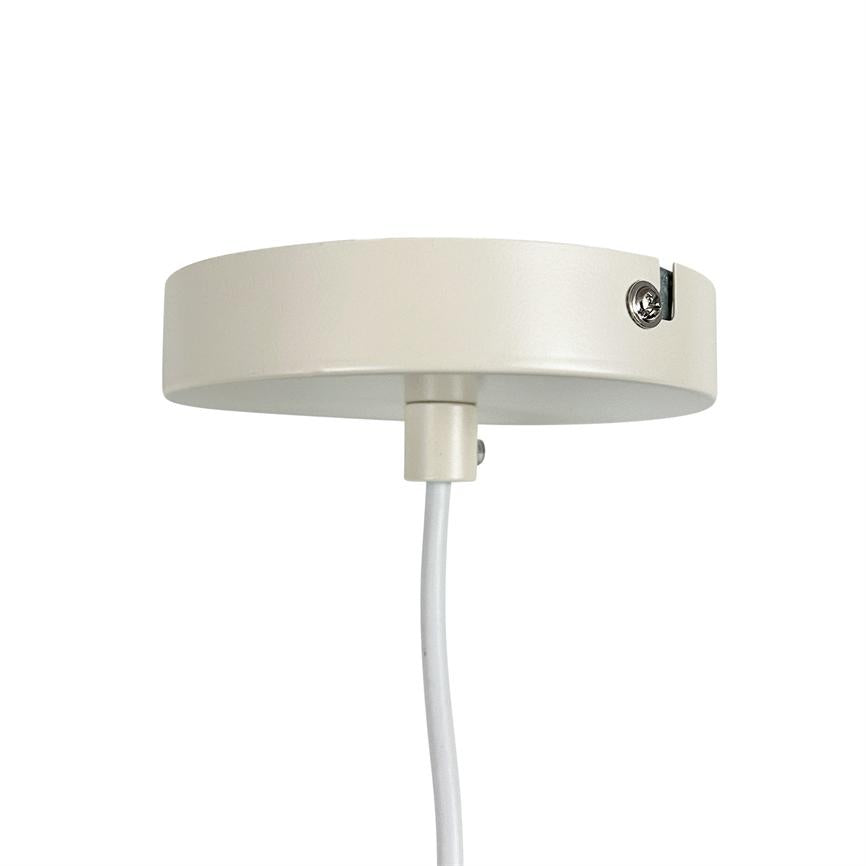 A round, beige-white ceiling canopy secures a white cord; visible screw and cable slot indicate the mounting point against a clean, white background.