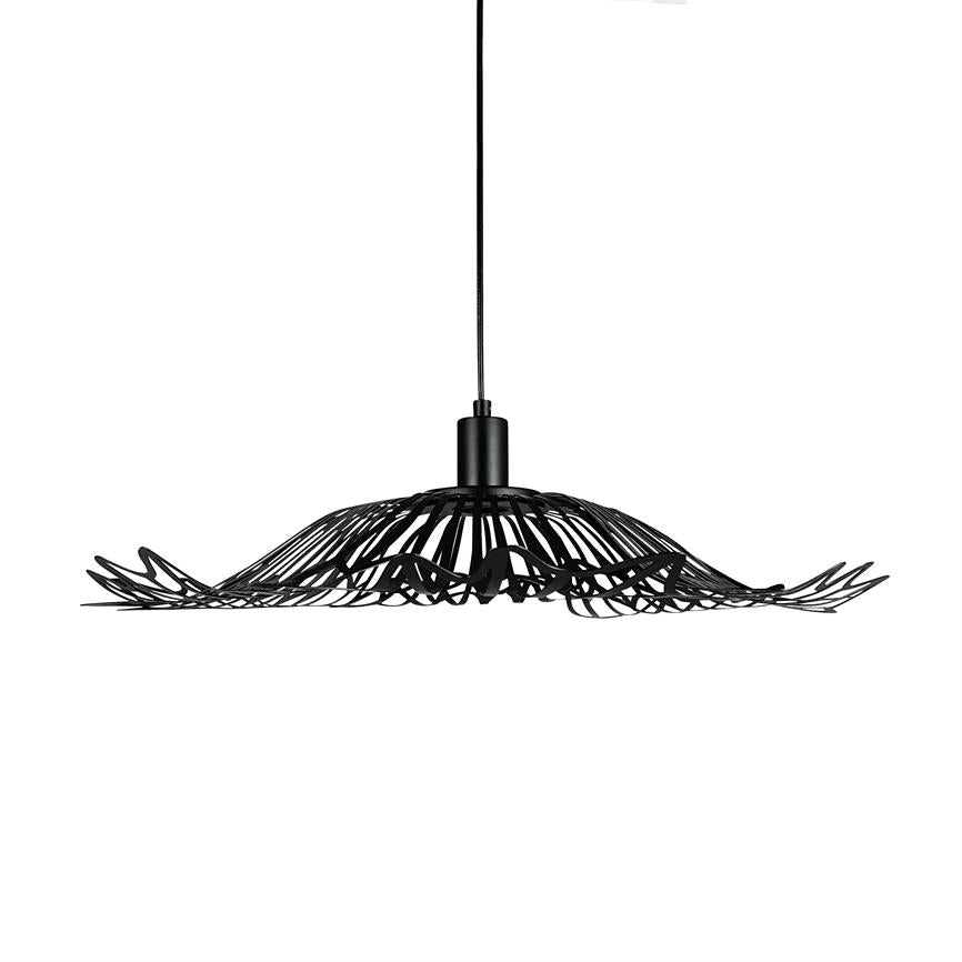 A black one pendant-lamp with undulating, intertwined metal strips hangs from a thin wire against a clean, white background.