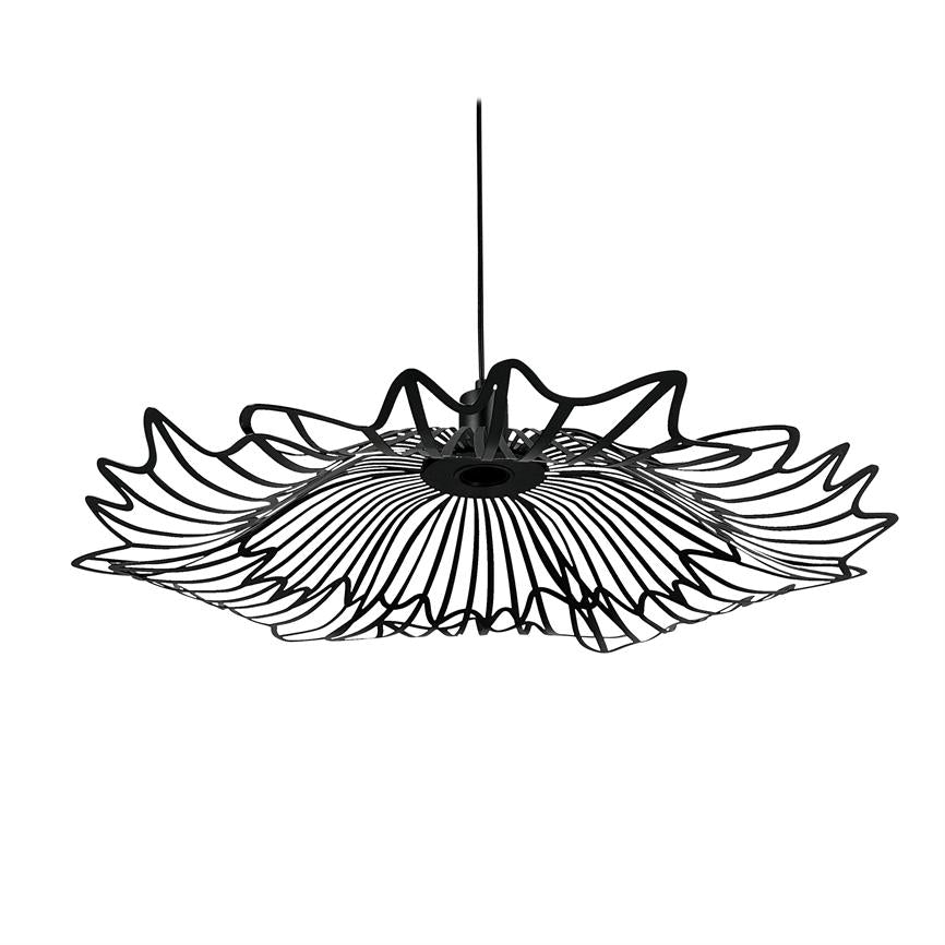 A black, wavy wire frame-pendant hangs from a thin wire and floats freely against a uniform white background.