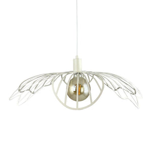 Hanging lamp with white, leaf-patterned metal shade, which encircles a smoked glass bulb with visible filament; the lamp hangs from a white cord against a uniform white background.