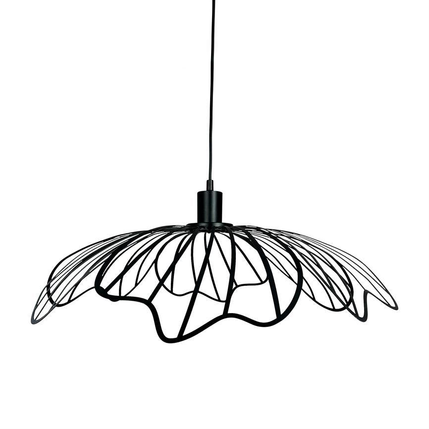 A black wire frame-pendant hanging by a thin wire; the screen forms undulating, flower-like metal leaves and appears against a plain white background.