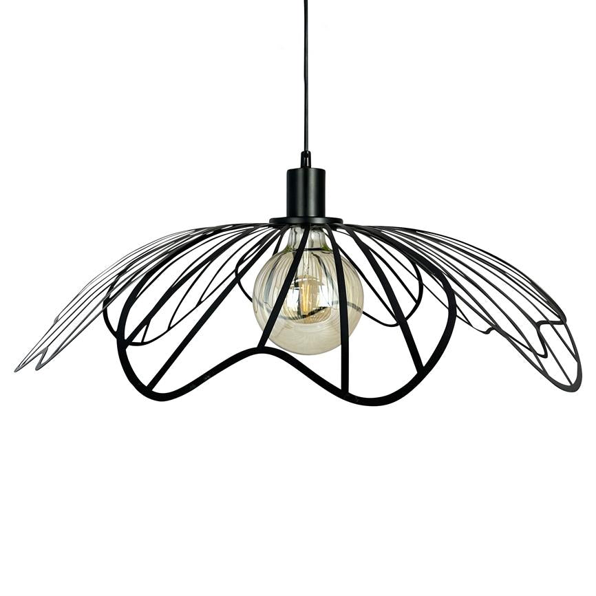 A black, wire-framed pendant lamp hangs from a cord with a visible, incandescent light bulb; flower-like open screen over a neutral white background.