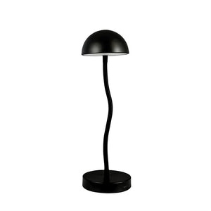 Black table lamp with hemispherical shade, stands on a round base. Slim, bent flexible neck connects screen and base; white inner screen, neutral white background.