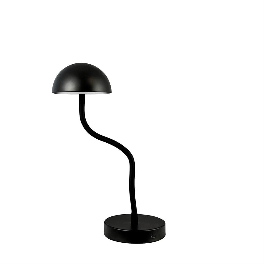 Black desk lamp with hemispherical shade, bent flexible shaft and round base; the lamp stands alone on a white background and highlights a simple, modern design.