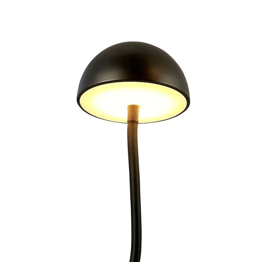 Black, hemispherical table lamp emits warm, diffused light; mounted on a curved black stem and placed in front of a uniform white background.