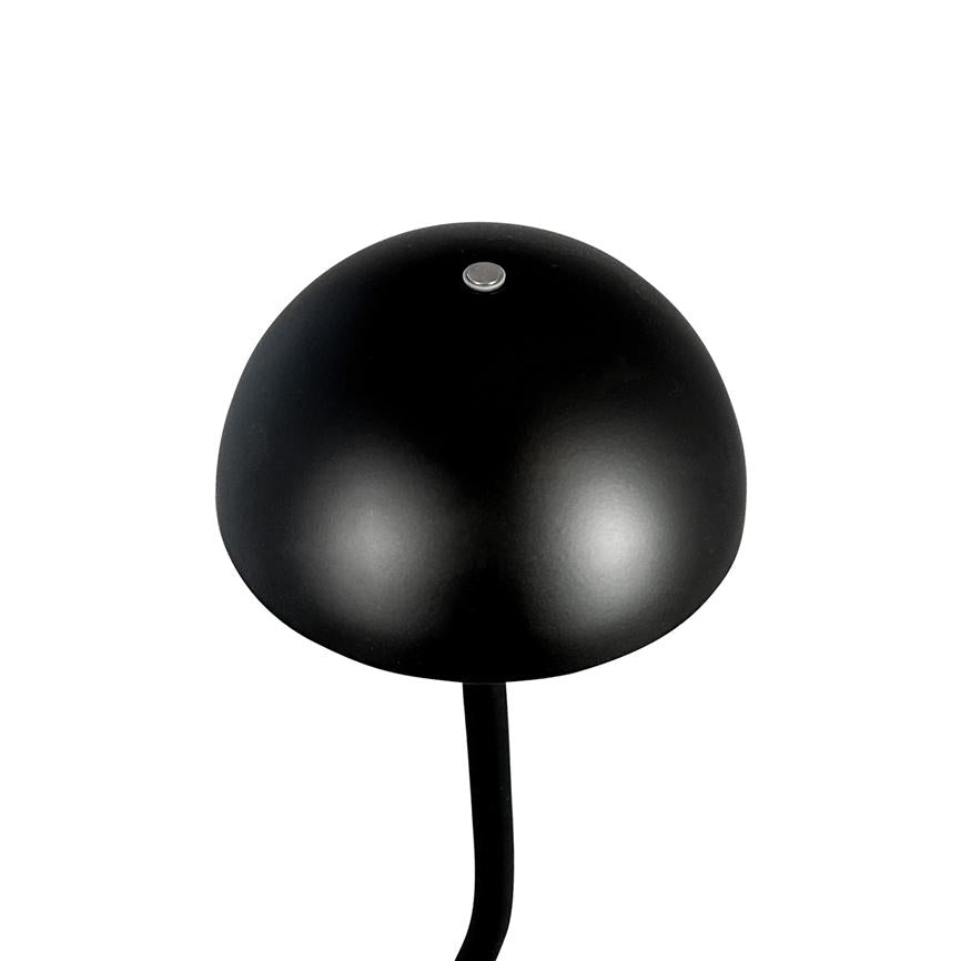 Black dome-shaped lamp (object) with a small silver button on top, mounted on a curved black pole (action), standing against a uniform white background (context).