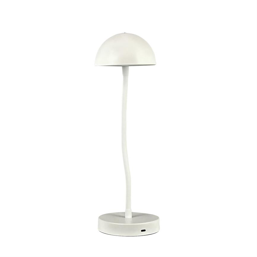 A white table lamp with a dome-shaped shade stands on a round base; slender, slightly bent shaft in the centre, against a uniform white background.