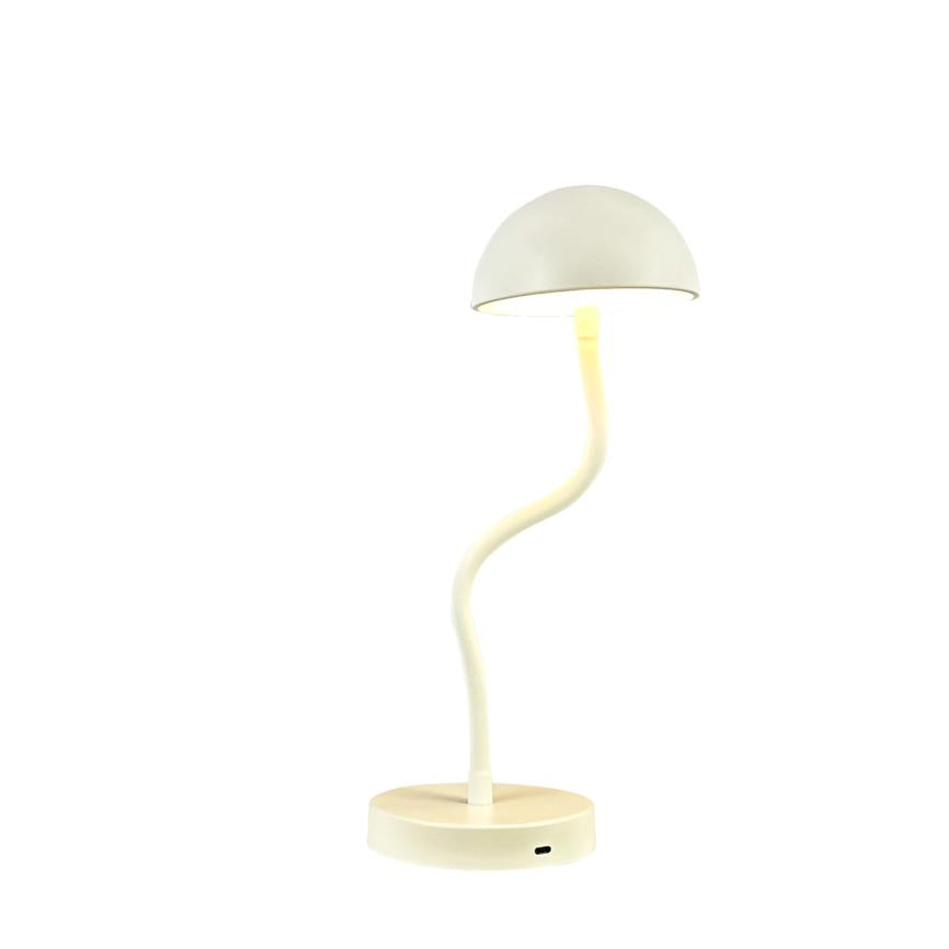 A white table lamp with a hemispherical shade that shines through a twisted, flexible neck; stands on a round base with small USB port against a uniform white background.