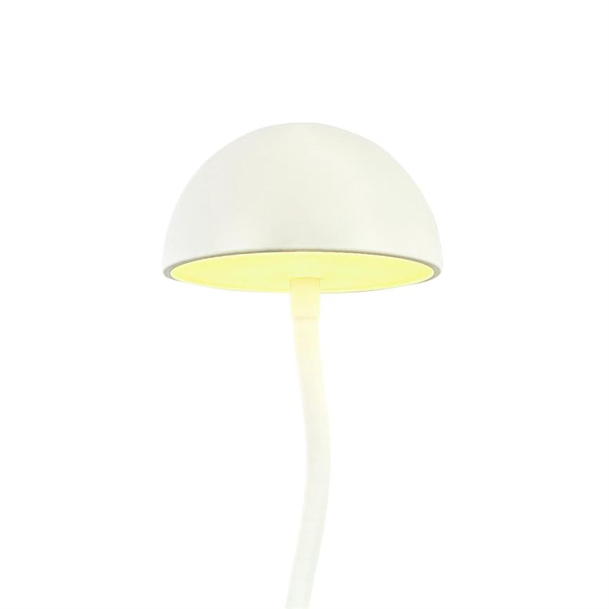 A white mushroom-shaped lamp glows with a warm yellow glow; its curved, slender stem elevates the screen against a uniform white background, minimalistic and softly lit.