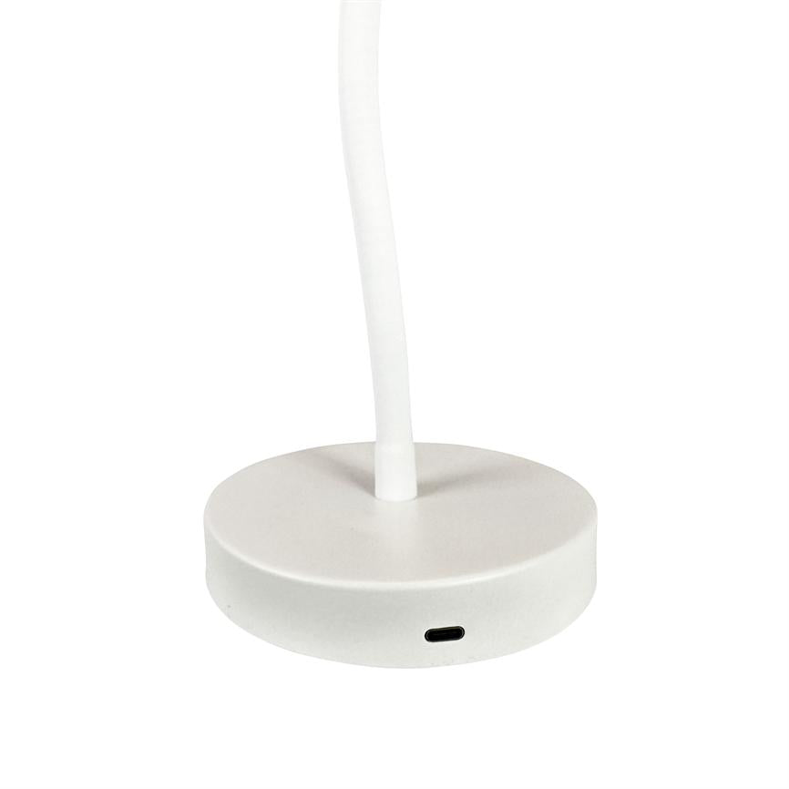 White round lamp base with slender rod, standing upright; a USB‑C port on the side. Simple, minimalistic presentation against a uniform white background.
