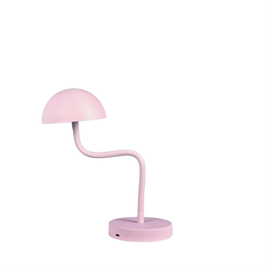 Pink table lamp stands with a curved arm carrying a hemispherical shade, set on a round base against a white background.