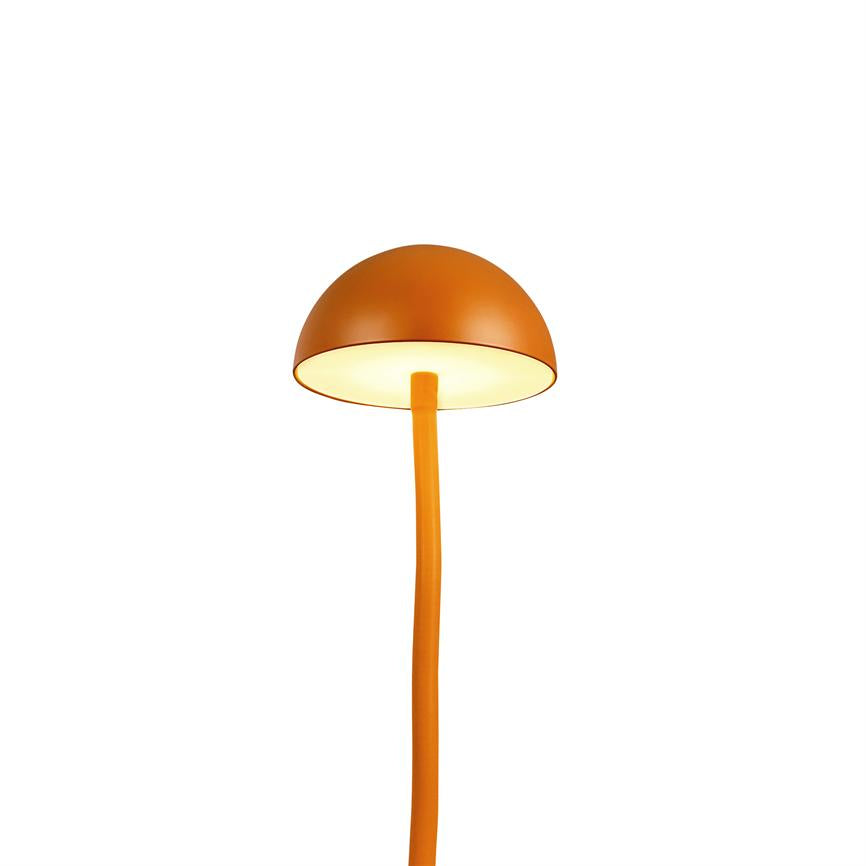 An orange lamp with a hemispherical shade emits warm, diffused light on a thin, slightly curved rod against a pure white background.