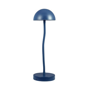 Blue table lamp raises a hemispherical shade on a slightly curved rod above a round base, set against a white, neutral background.