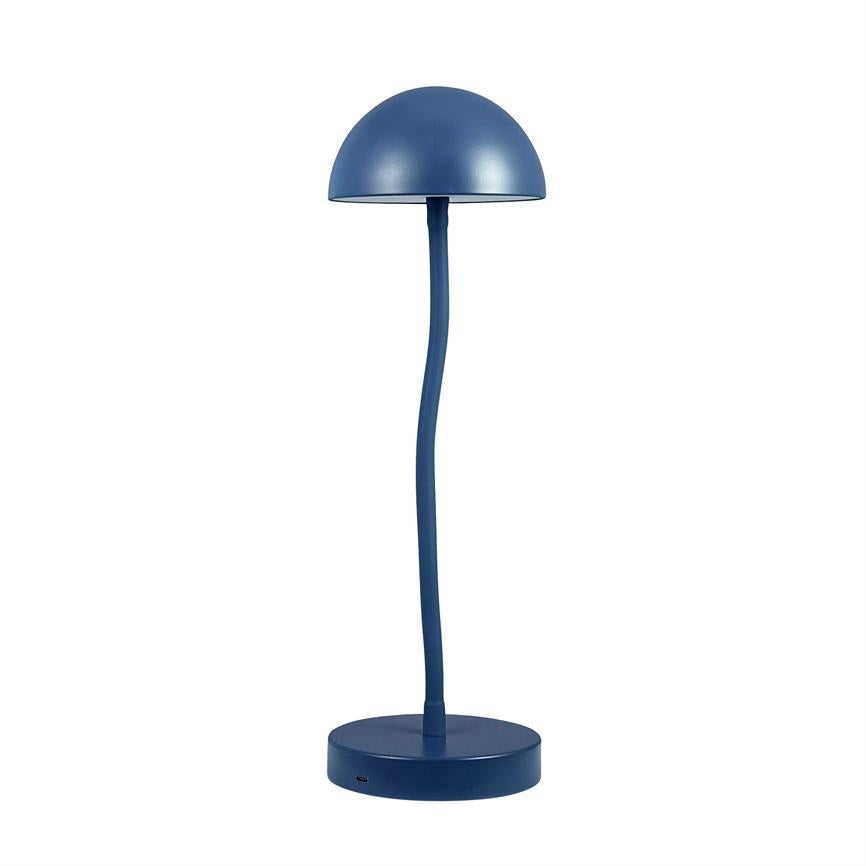 Blue table lamp raises a hemispherical shade on a slightly curved rod above a round base, set against a white, neutral background.