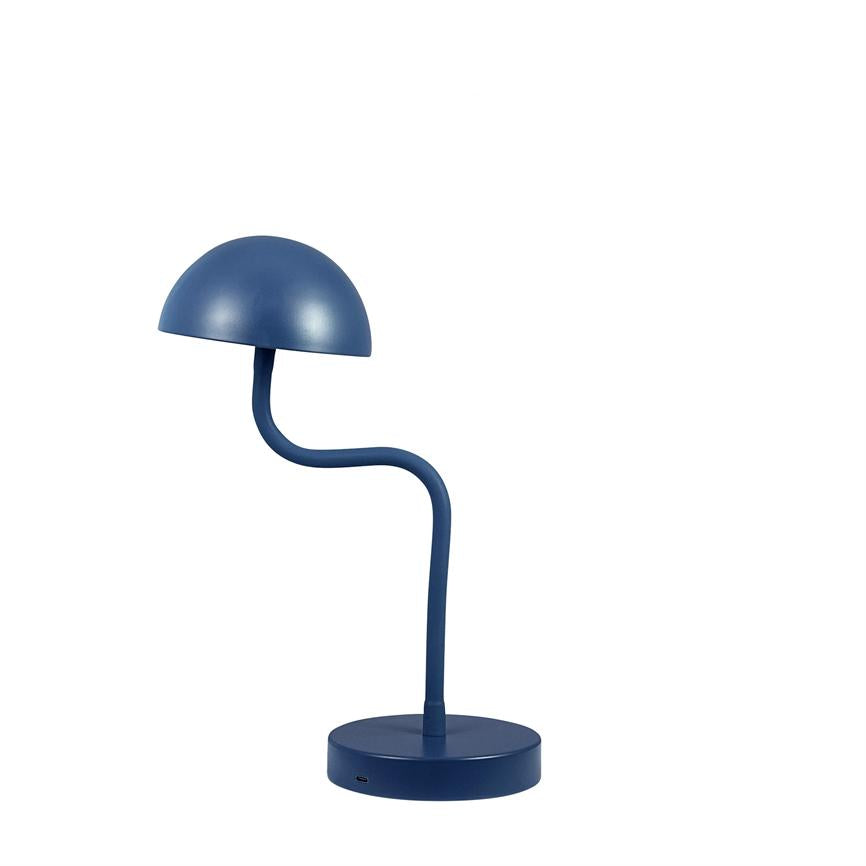 Blue table lamp bends its slender s-shaped rod and holds a hemispherical shade above a round base with discreet USB port on a white background.