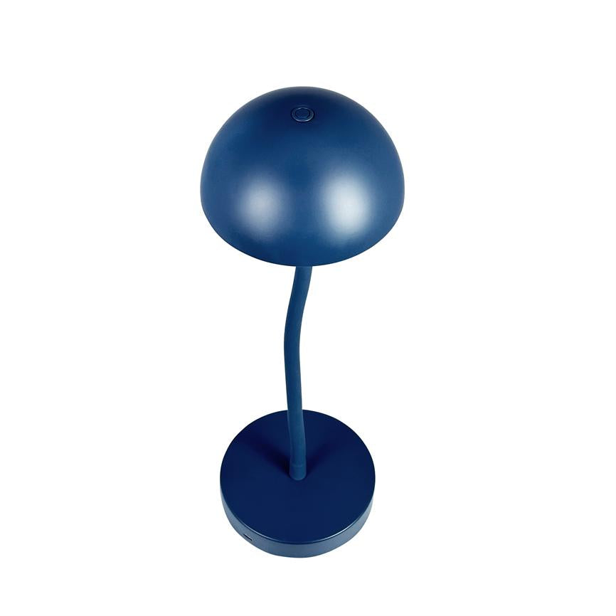 Blue table lamp stands with round dome-shaped shade, small push button at the top, flexible thin neck and circular foot on a uniform white background.