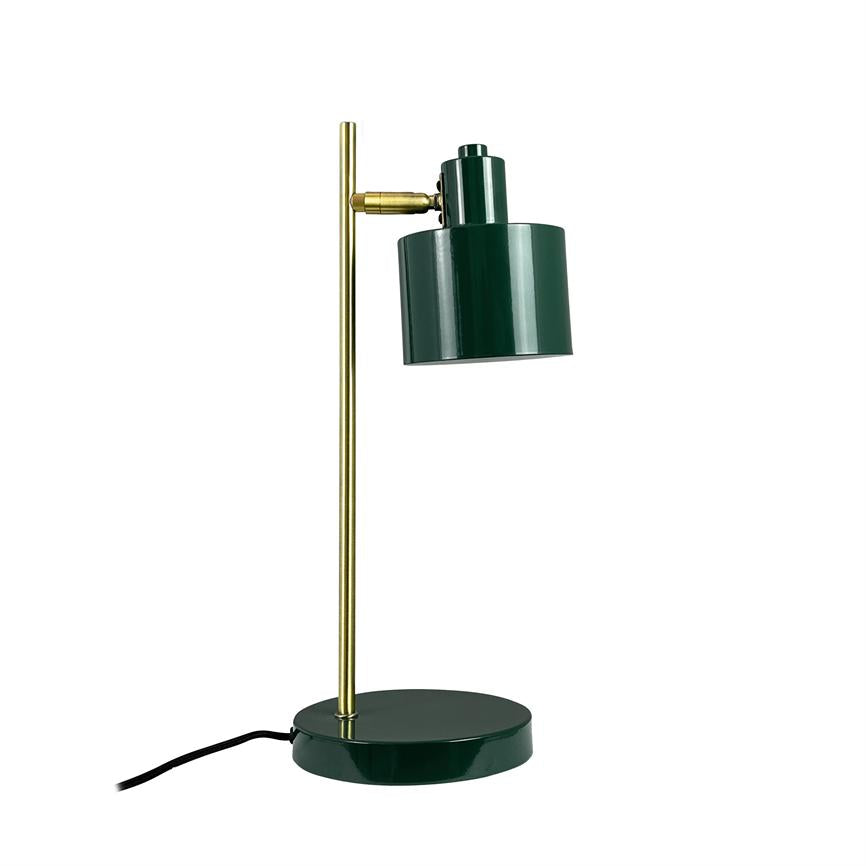 A dark green table lamp with a round base and gold-coloured vertical rod; an adjustable cylindrical lamp head hangs from the rod; black wire lies at the base against a white background.