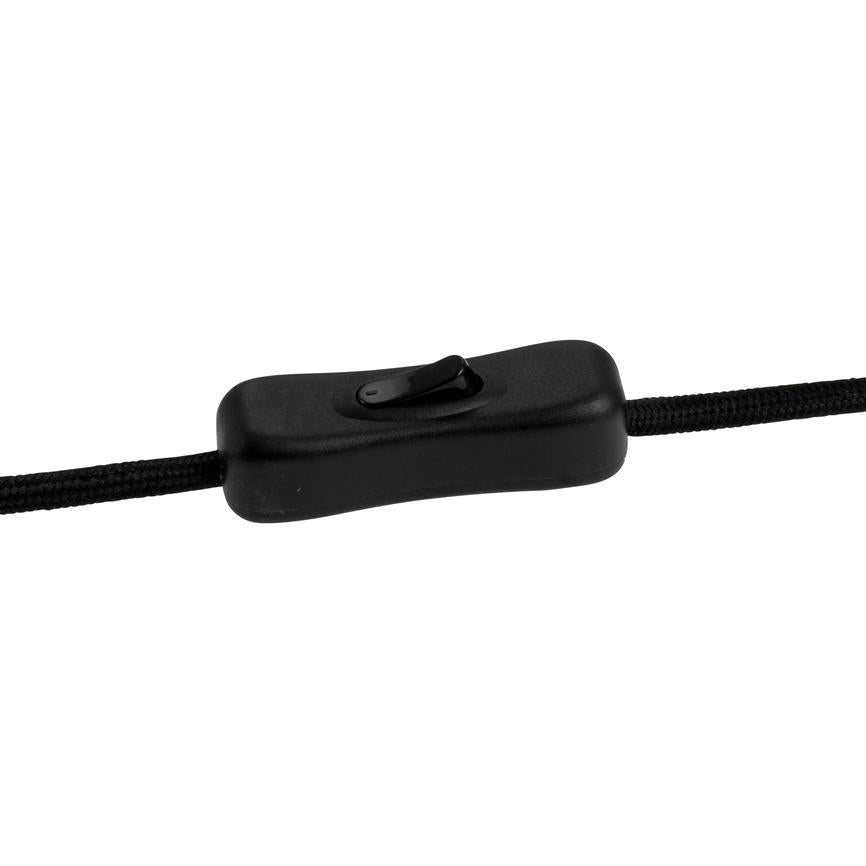 Black rocker switch mounted on a black braided wire; kontakten står midtstillet og ligger fladt mod en ensartet hvid baggrund.
