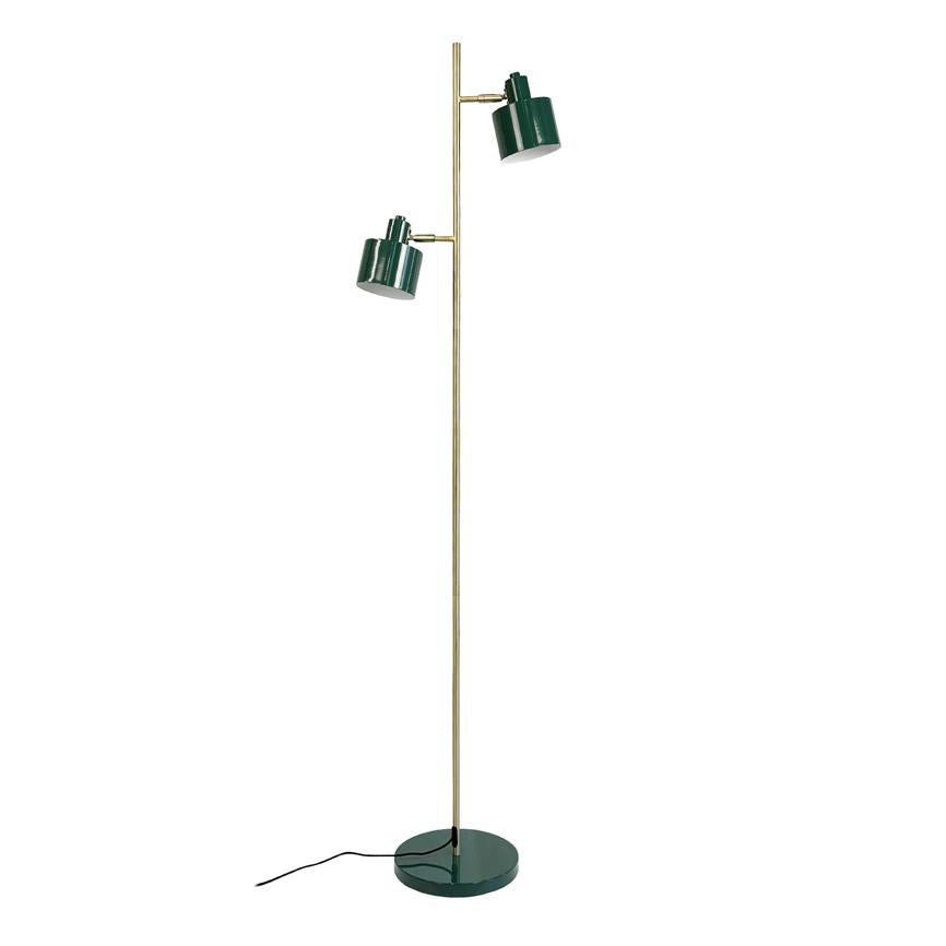 Floor lamp with two green, adjustable shades mounted on a slender brass rod, stands on a round green base with a black cord against a pure white background.