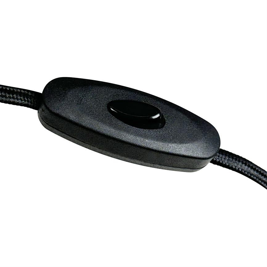 A black oval inline power button mounted on a braided cable, with a glossy oval push button in the middle, set against a solid white background.