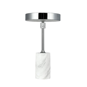 A modern one pendant: a round chrome ceiling rosette and slender rod leading to a cylindrical white marble cover; the pendulum hangs down against a neutral white background.