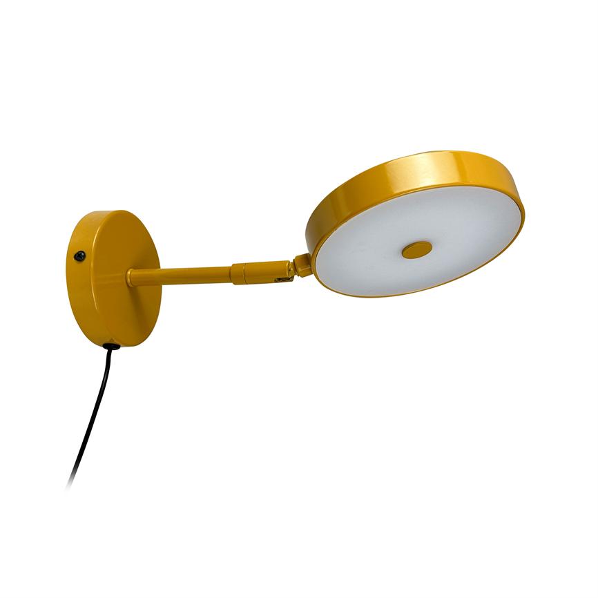 Yellow wall lamp with round, angled shade; arm extends the screen forward from a round wall plate with exposed wire, set against a neutral white background.