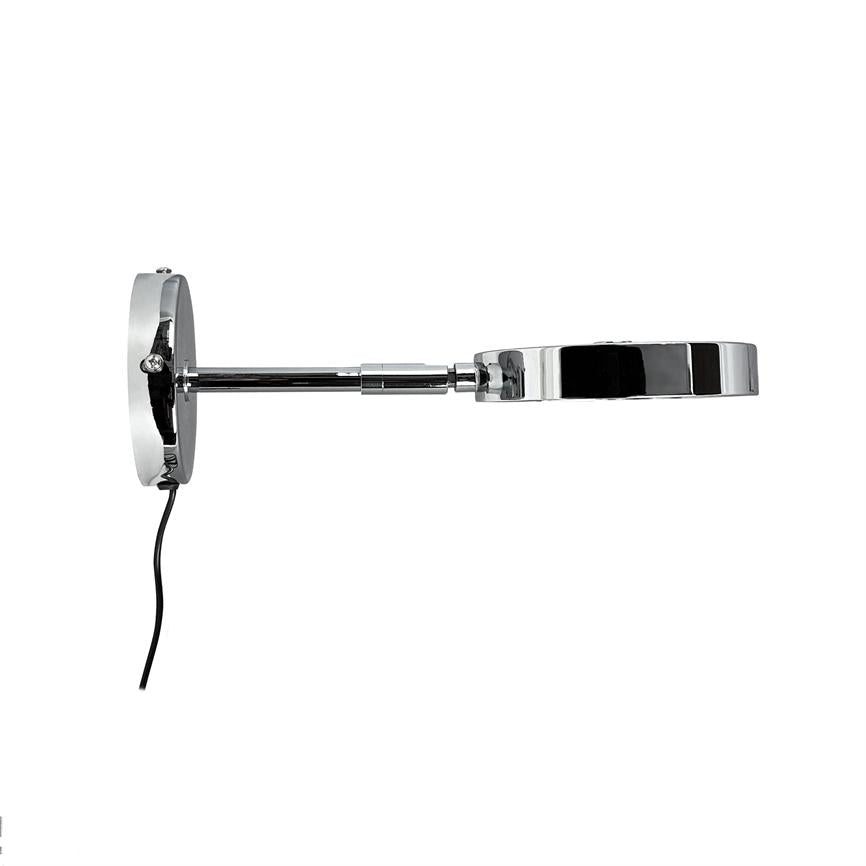 Round chrome-plated mirror extends on an extendable, adjustable arm from a circular wall bracket; a black cord hangs down, all shown against a pure white background.