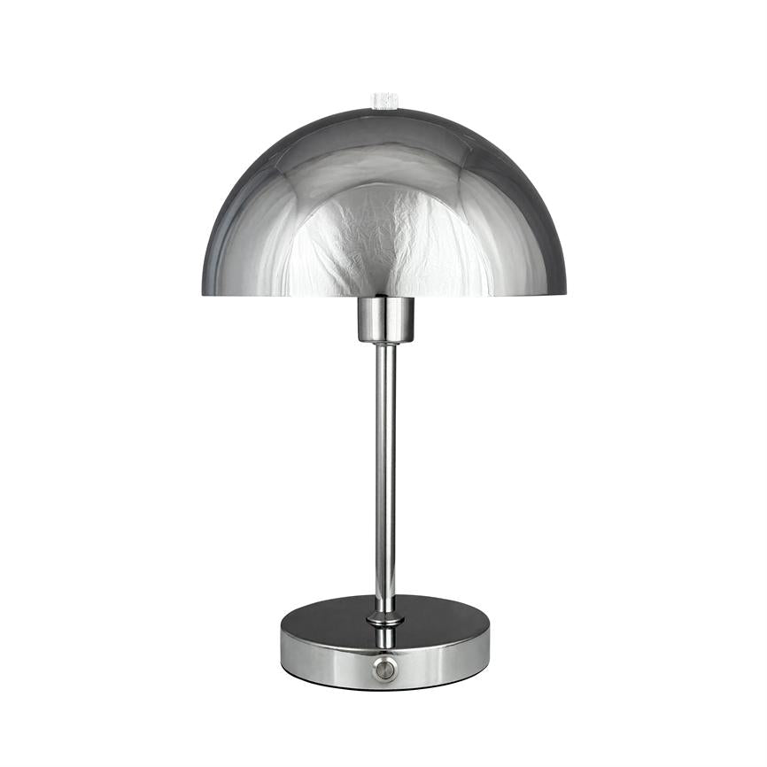 Table lamp with glossy chrome hemispherical shade stands on a slim rod and round base; simple, modern shape against a neutral white background.