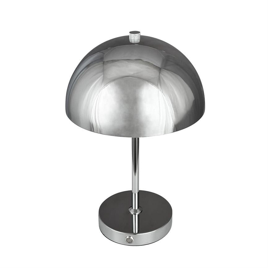 Chrome table lamp with hemispherical shade, stands on slim rod and round base; the screen reflects light and surroundings against a uniform white background.