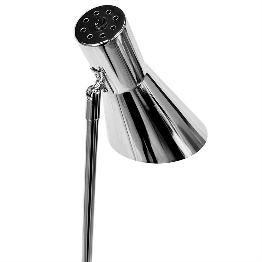 Chrome table lamp with cone-shaped shade, angled downwards via hinge, mounted on a slender steel shaft; glossy reflective surface, isolated against white background.
