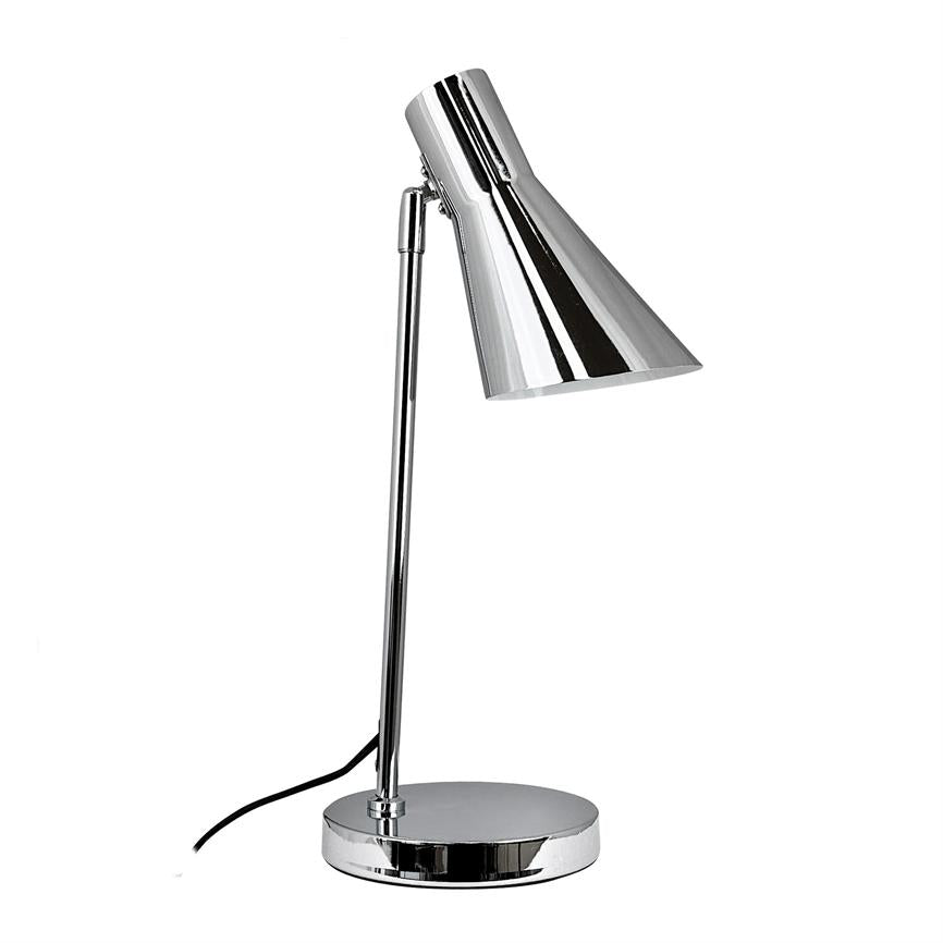 Chrome desk lamp with slanted downward shade, mounted on slim rod and round base; visible black wire on uniform white background.