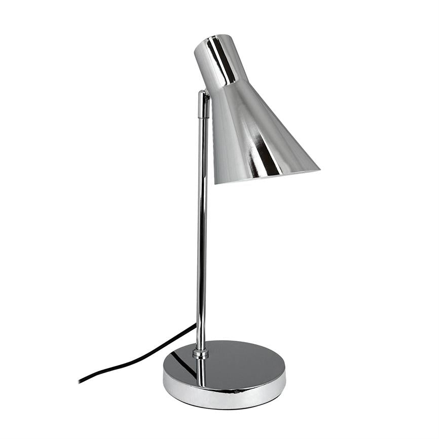 A chrome table lamp with slanted, conical shade points downwards; a slender rod stands on a round base, and a black cord runs out to the left on a white background.