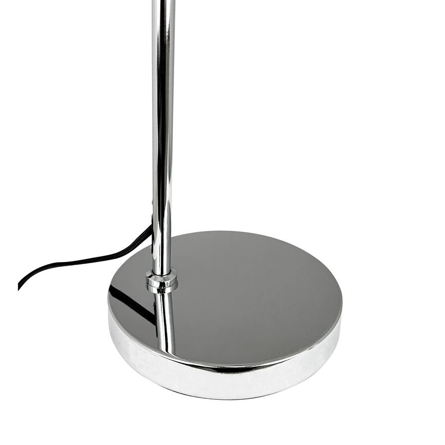 Round chrome lamp base with glossy, reflective surface holds a vertical chrome rod; a black fabric cord runs from the base on a uniform white background.