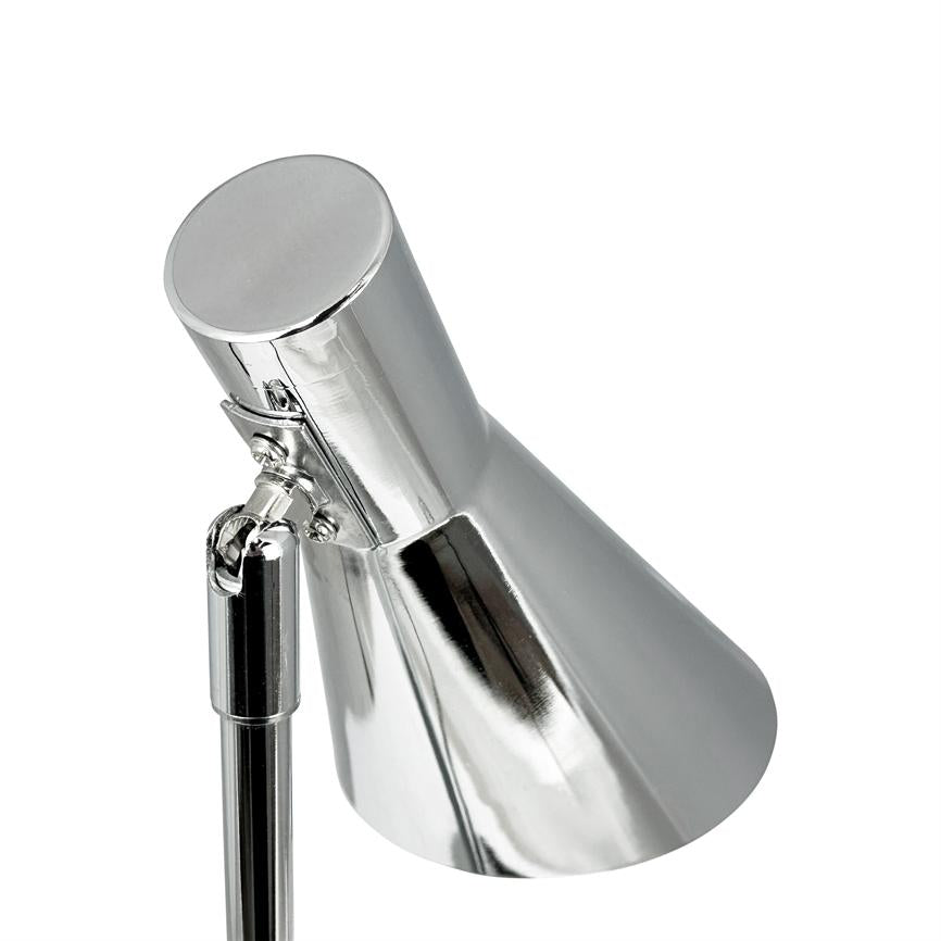 Chrome lampshade points downwards via an adjustable hinge, attached to a slim chrome rod. Glistening metal surface reflects faint shadows against a pure white background.