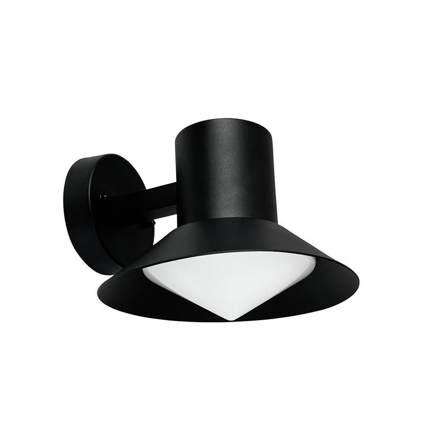 Black metal wall lamp with wide, sloping shade and white inner diffuser, mounted on round wall plate, pointing downwards against white background.