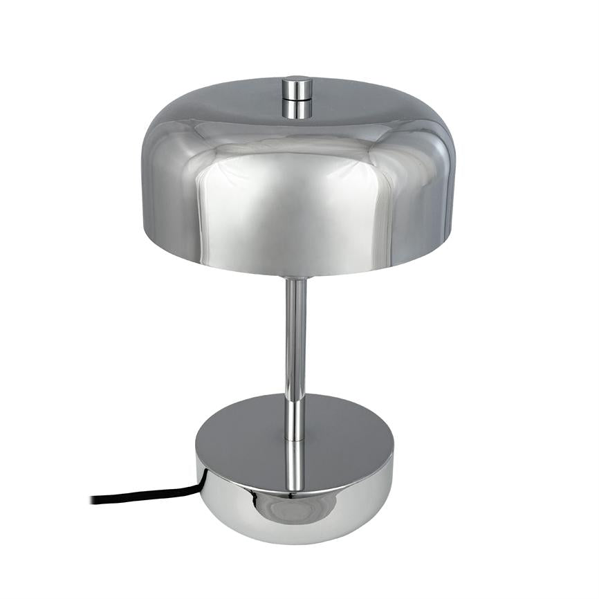 Chrome table lamp stands on a round base; slim column connects to a round, reflective dome screen that mirrors the surroundings; black wire lies to the left on a white background.
