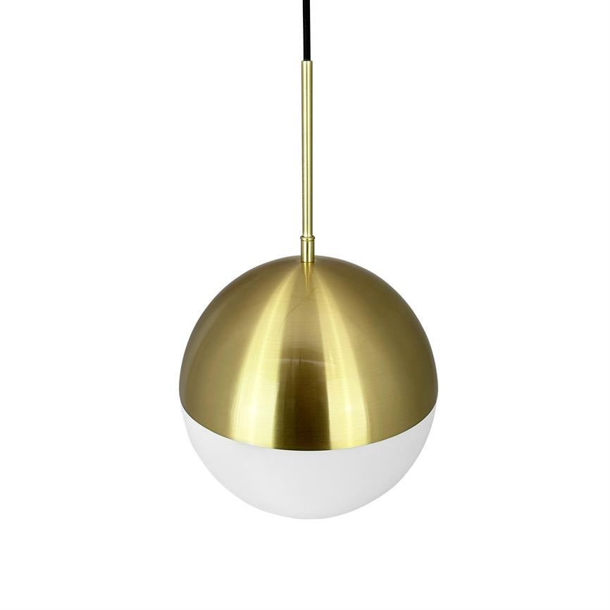 A spherical pendant lamp, suspended from a slender brass rod and black cord, upper half in brushed brass, lower half white diffuser, shown in front of a white background.