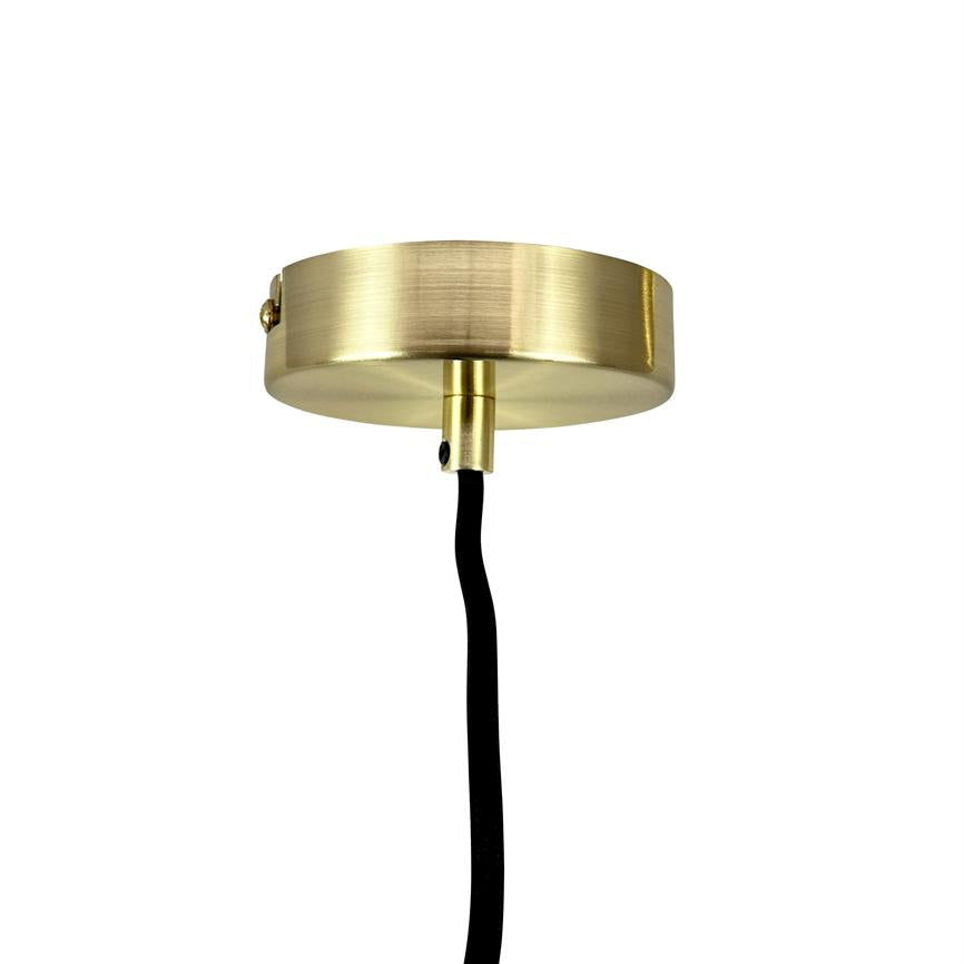 Round brass ceiling cap mounts a black fabric cord which hangs down vertically; satin polished surface and simple, minimalist style against a clean, white background.