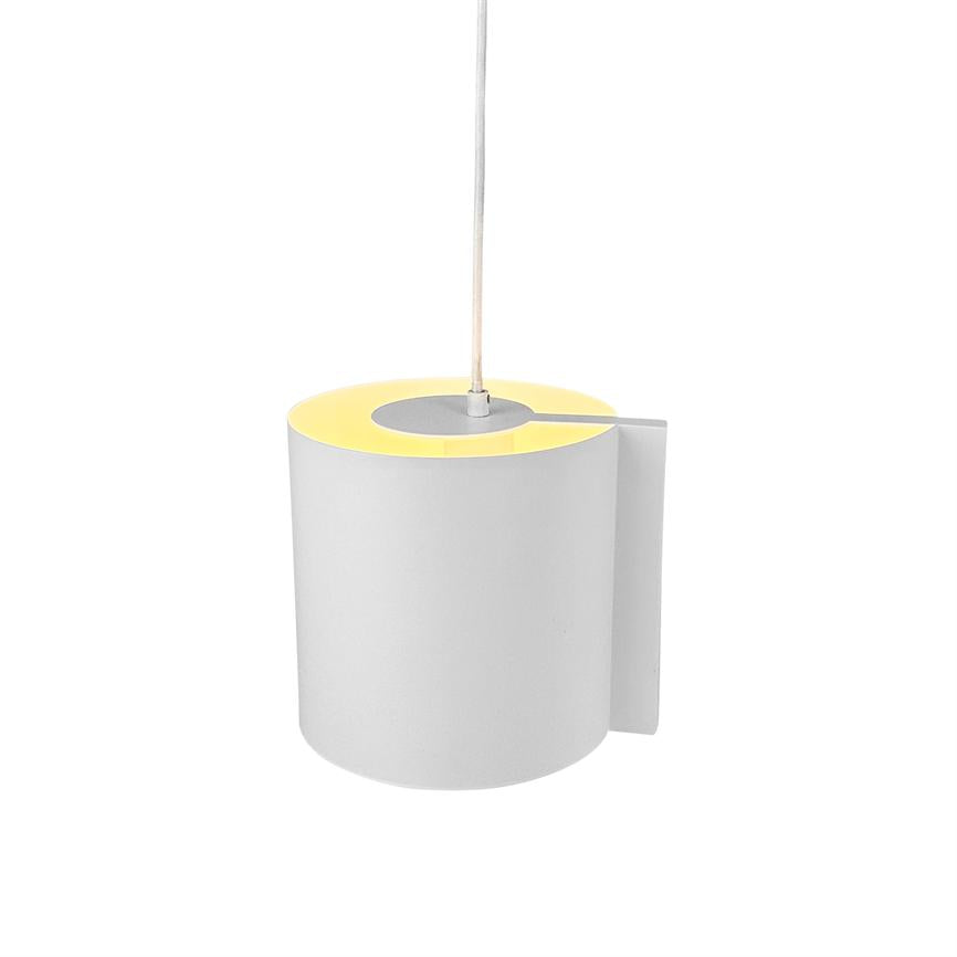 Cylindrical pendant lamp with yellow interior, hangs from a thin cord and emits a yellow glow; placed against a plain white background.