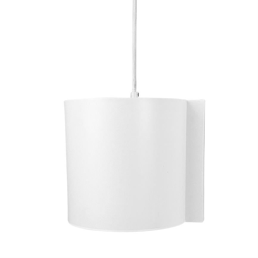 White, cylindrical lamp hanging from a thin cord, mounted with rectangular back plate; the lamp is facing downwards and stands against a uniform, white background.