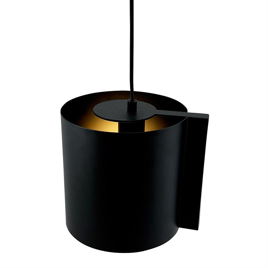 Black cylindrical pendant-lamp radiates a warm, golden inner glow; hangs from a black cord and has a short side bracket against a uniform white background.