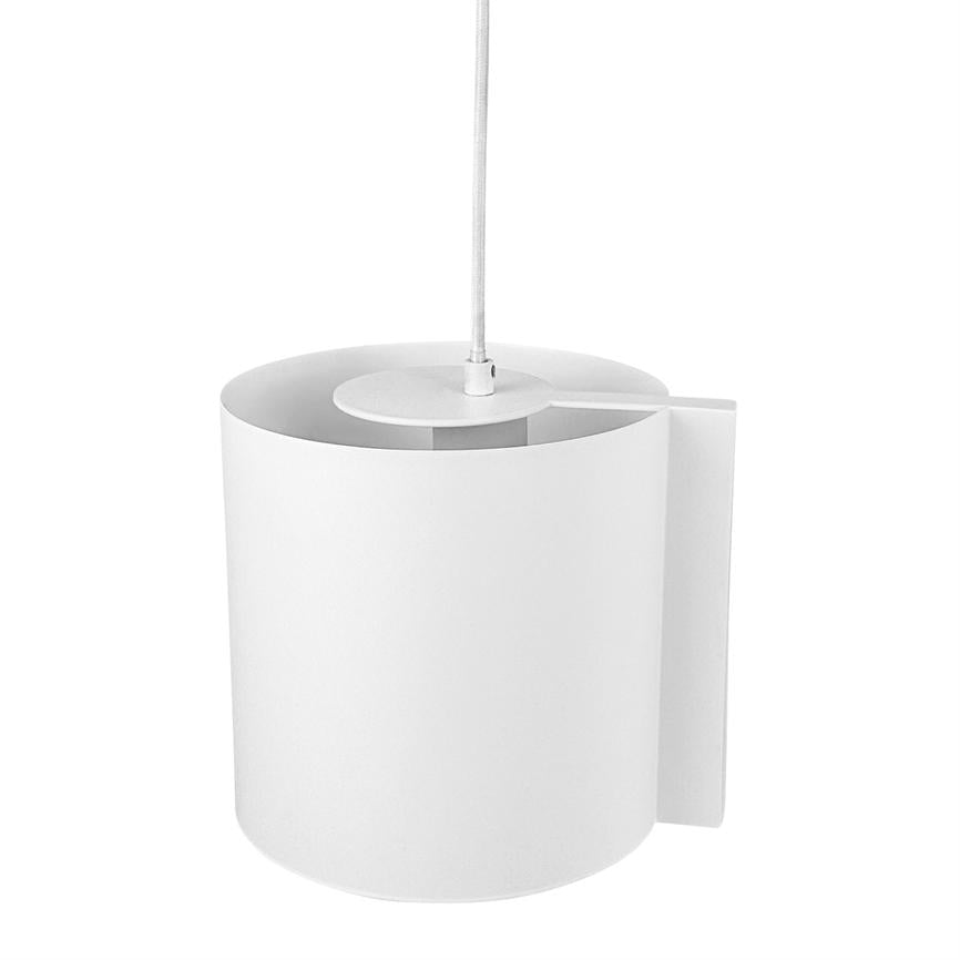 A white cylindrical pendant-lamp hangs from a thin fabric cord with an inner circular shade and a rectangular decorative plate against a plain white background.