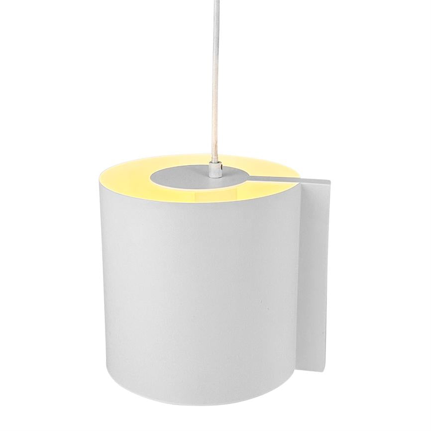 Cylindrical wall lamp hangs from a fabric-covered cord, emits soft yellow light from the top opening, mounted with a flat wall bracket and surrounded by a neutral white background.