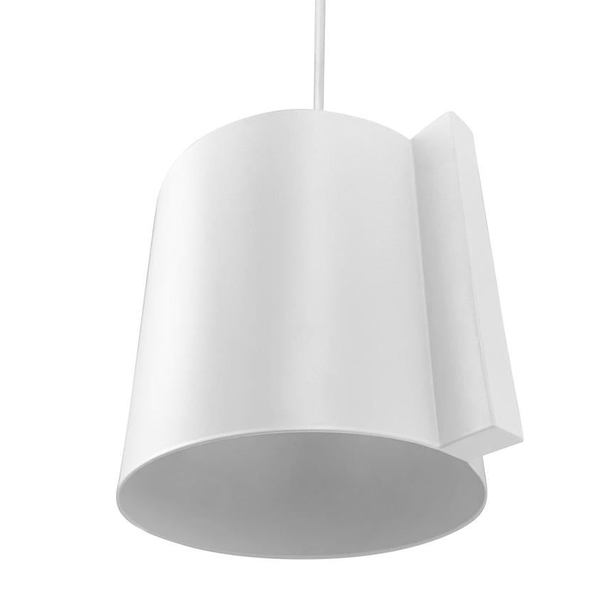 A white cylindrical pendant lamp hangs from a thin wire; the lampshade is smooth with a rectangular extension on the side, shown against a neutral white background.